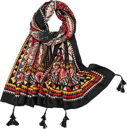 Yeieeo Boho Scarf for Women Lightweight Floral Printed Scarf Fall Winter Fashion Fringed Shawl