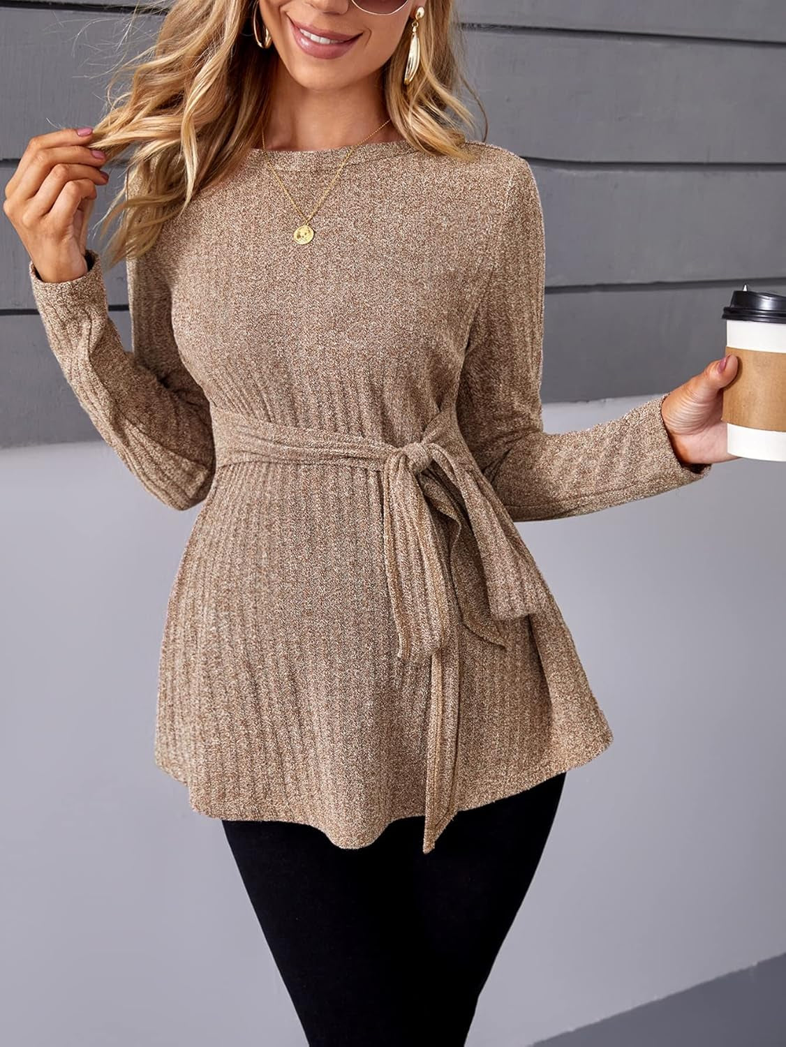 Makemechic Women'S Maternity Shirts Casual Long Sleeve Tie Front Ribbed Knit Pregnancy Tee Top