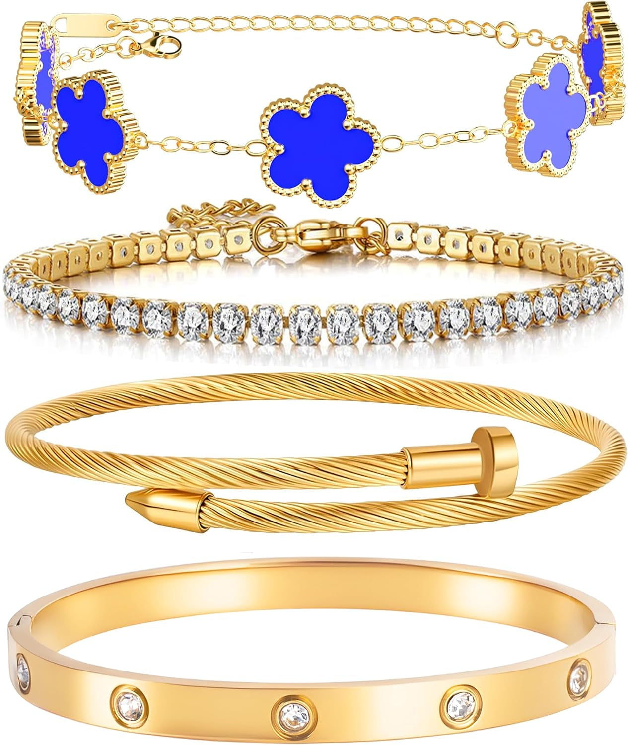 18K Gold Plated Womens Stackable Floral Gold Clover Bracelets Set Love Bangle Bracelets Non Tarnish, Nail Bracelet Set Trendy Jewelry,Gifts for Women'S Day and Mother'S Day