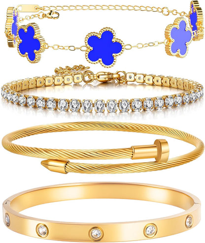 18K Gold Plated Womens Stackable Floral Gold Clover Bracelets Set Love Bangle Bracelets Non Tarnish, Nail Bracelet Set Trendy Jewelry,Gifts for Women'S Day and Mother'S Day
