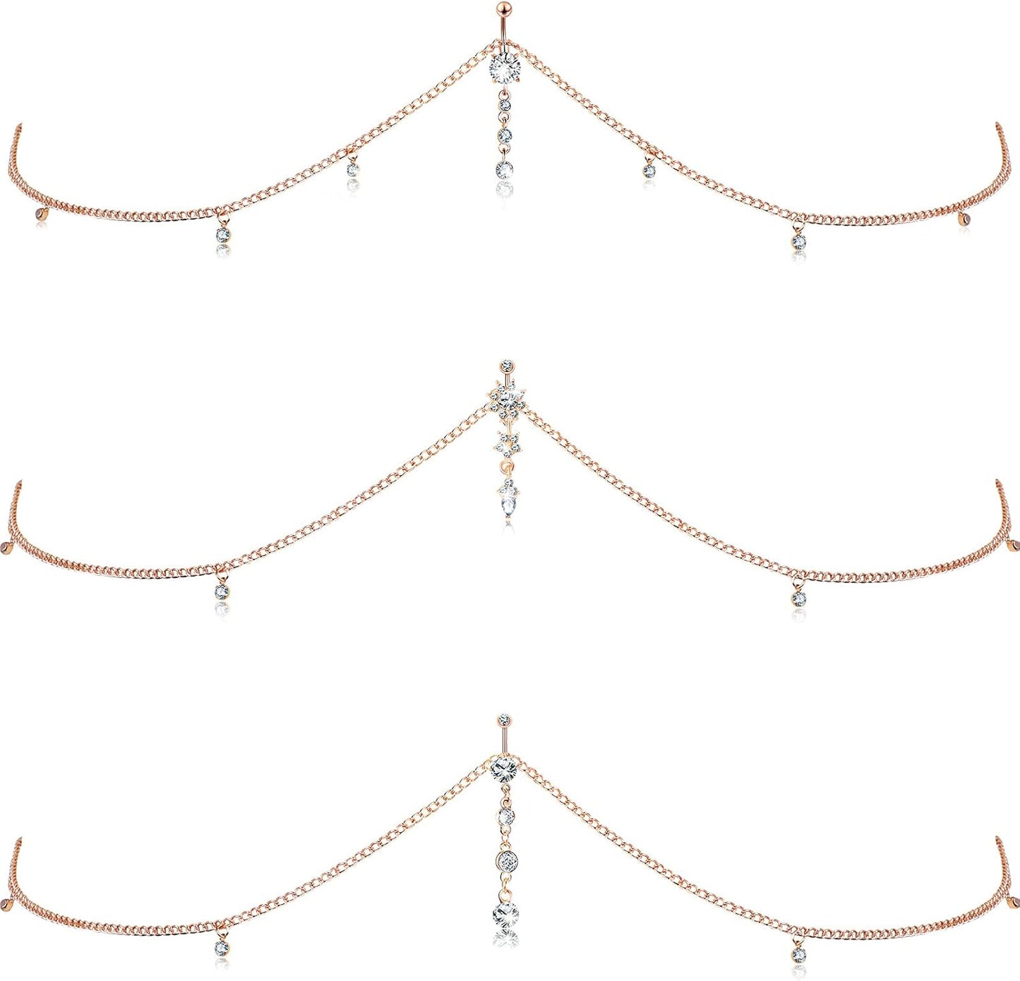 Hicarer 3 Pieces Crystal Belly Ring with Chain Rhinestone Waist Body Chain Bikini Belly Jewelry Beach Accessories Jewelry for Women Adults