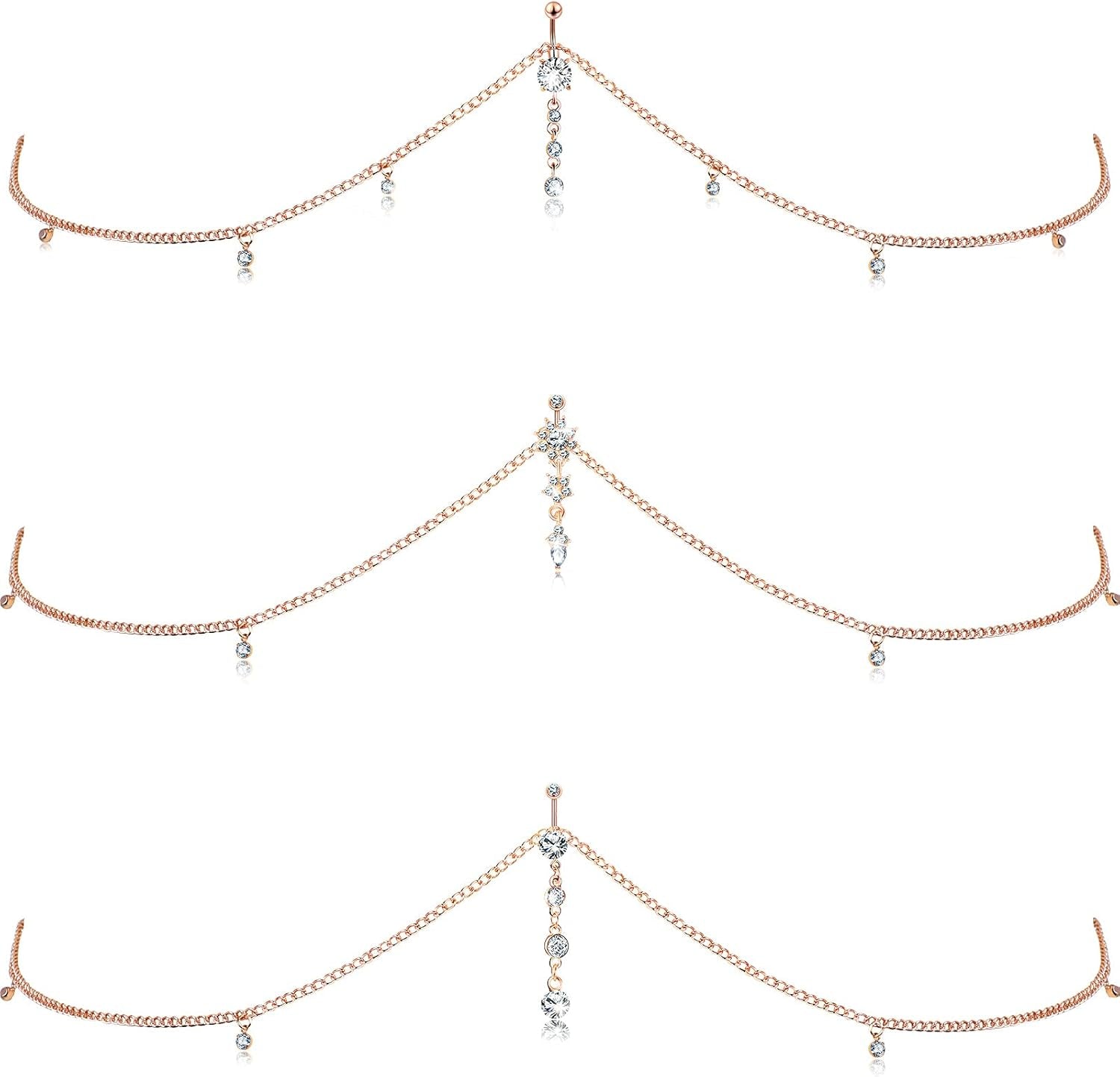 Hicarer 3 Pieces Crystal Belly Ring with Chain Rhinestone Waist Body Chain Bikini Belly Jewelry Beach Accessories Jewelry for Women Adults