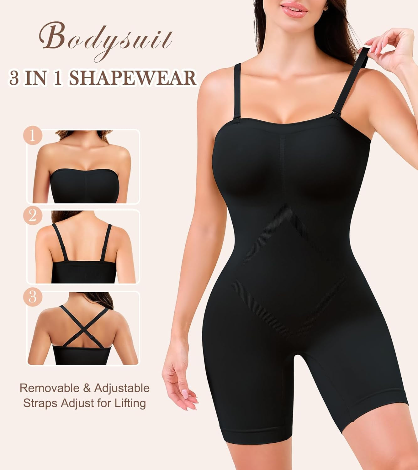 Strapless shaping bodysuit front view tummy control