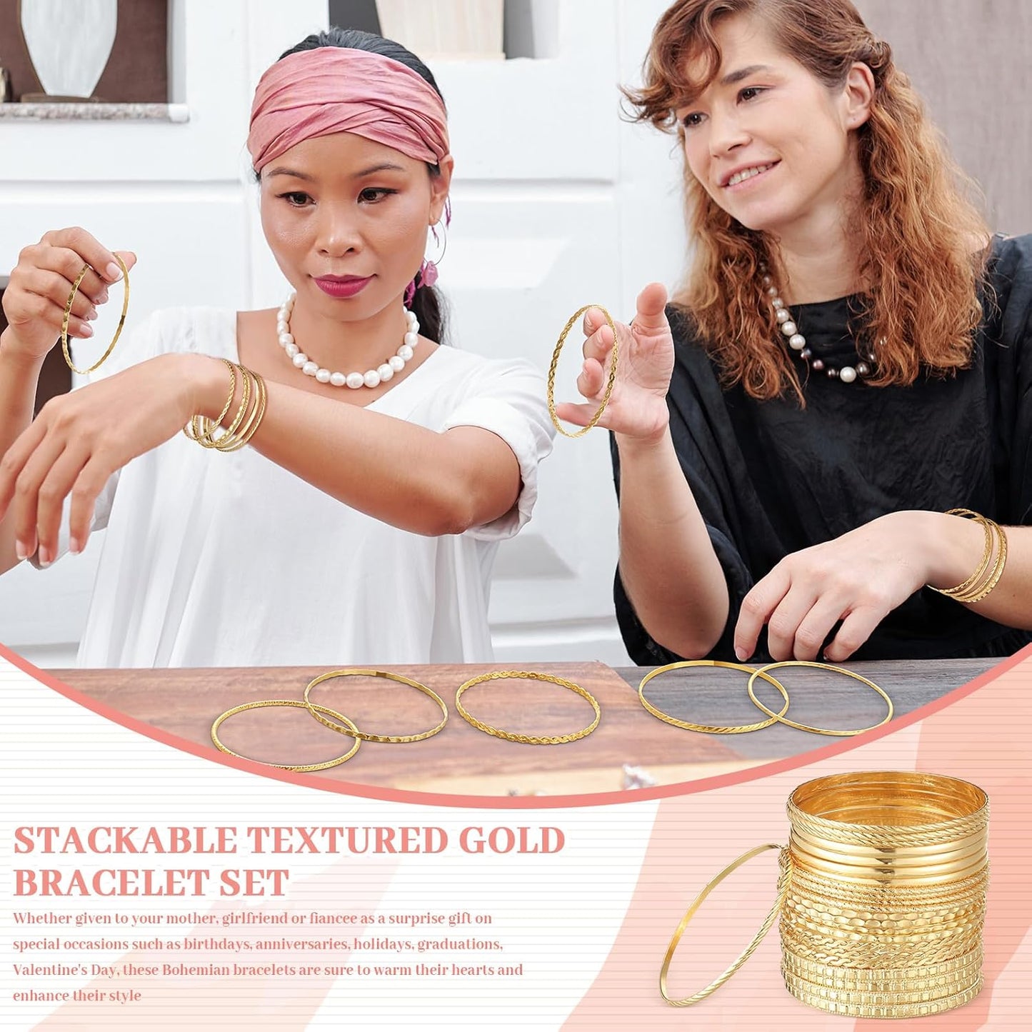 Collection of 24 gold bangles in various textured designs