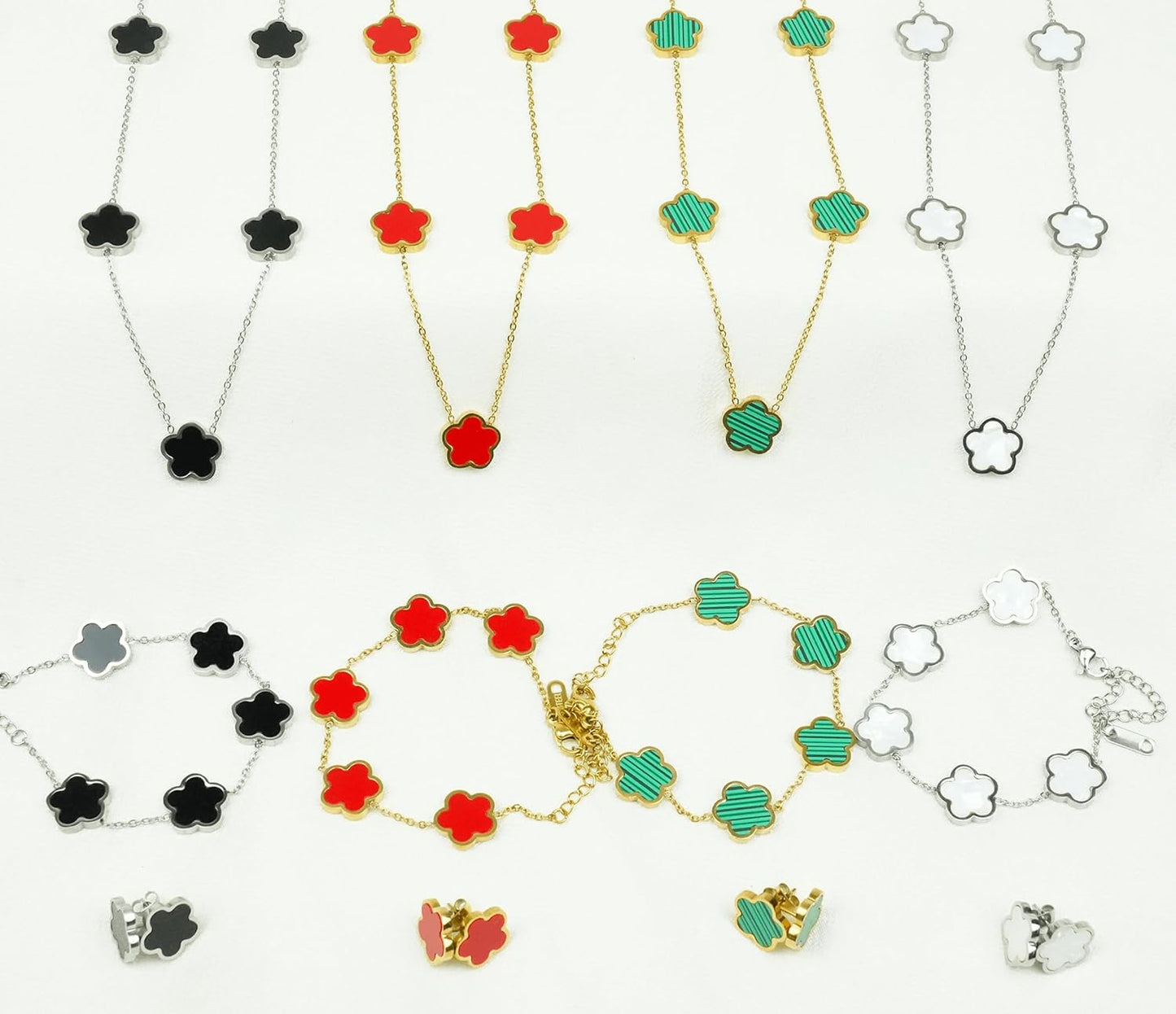 Five Leaf Clover Jewelry Set for Women |18K Gold Plated Bracelet Necklace Earrings | 5 Leaf Lucky Choker and Ear Studs for Mother and Daughter