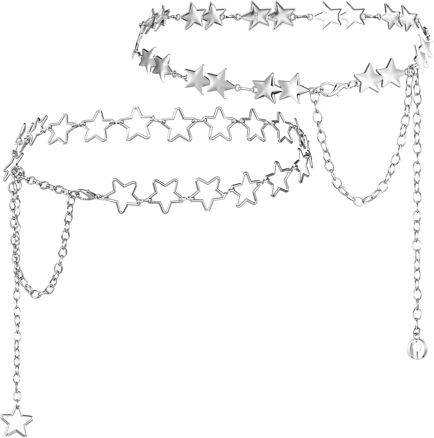 2 Pcs Star Chain Belt for Women, Adjustable Y2K Metal Waist Belt - Punk Body Belt for Dresses, Jeans & Rave