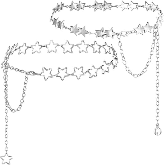 2 Pcs Star Chain Belt for Women, Adjustable Y2K Metal Waist Belt - Punk Body Belt for Dresses, Jeans & Rave