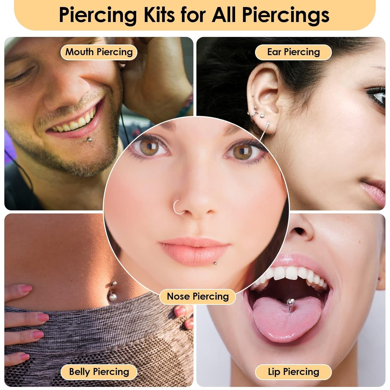 104PCS Body Septum Piercing Kit with 14G/16G/20G Piercing Needles Piercing Jewelry and Tool Set for Ear Nose Belly Button Nipple Lip Cartilage Eyebrow Tongue Navel Piercing Kit for All Piercings