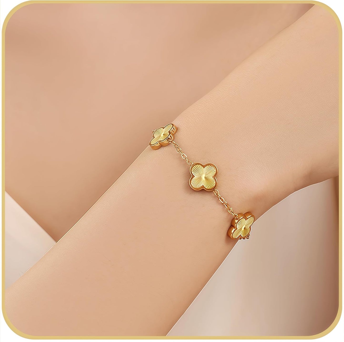 (Sturdy Version) 18K Gold Plated Bracelets for Women Men (Double Sided) Four Leaf Clover Cute Trendy Lucky Braclet (Adjustable) Fit Wrist within 8 Inch, Gold White Black Green Blue Red Pink