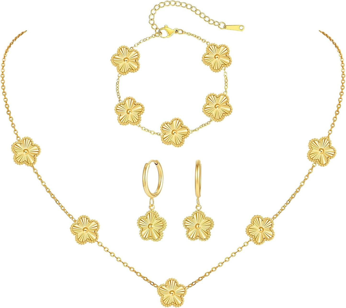 Gold Clover Jewelry Set with Flower Design Four Leaf Clover Necklace for Women Lucky Clover Bracelet Earrings for Friends 3Pcs Floral Style Clover Jewelry Gifts
