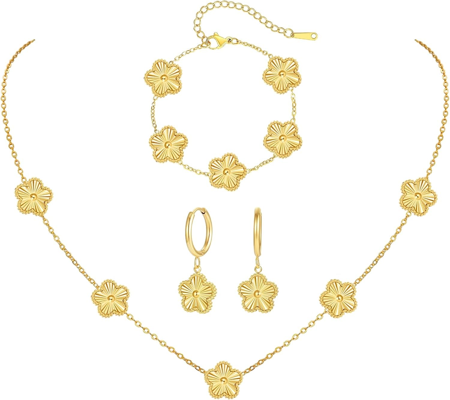 Gold Clover Jewelry Set with Flower Design Four Leaf Clover Necklace for Women Lucky Clover Bracelet Earrings for Friends 3Pcs Floral Style Clover Jewelry Gifts