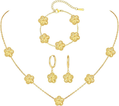 Gold Clover Jewelry Set with Flower Design Four Leaf Clover Necklace for Women Lucky Clover Bracelet Earrings for Friends 3Pcs Floral Style Clover Jewelry Gifts