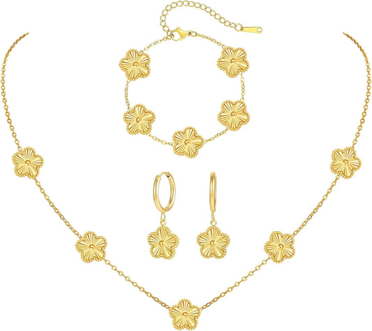 Gold Clover Jewelry Set with Flower Design Four Leaf Clover Necklace for Women Lucky Clover Bracelet Earrings for Friends 3Pcs Floral Style Clover Jewelry Gifts