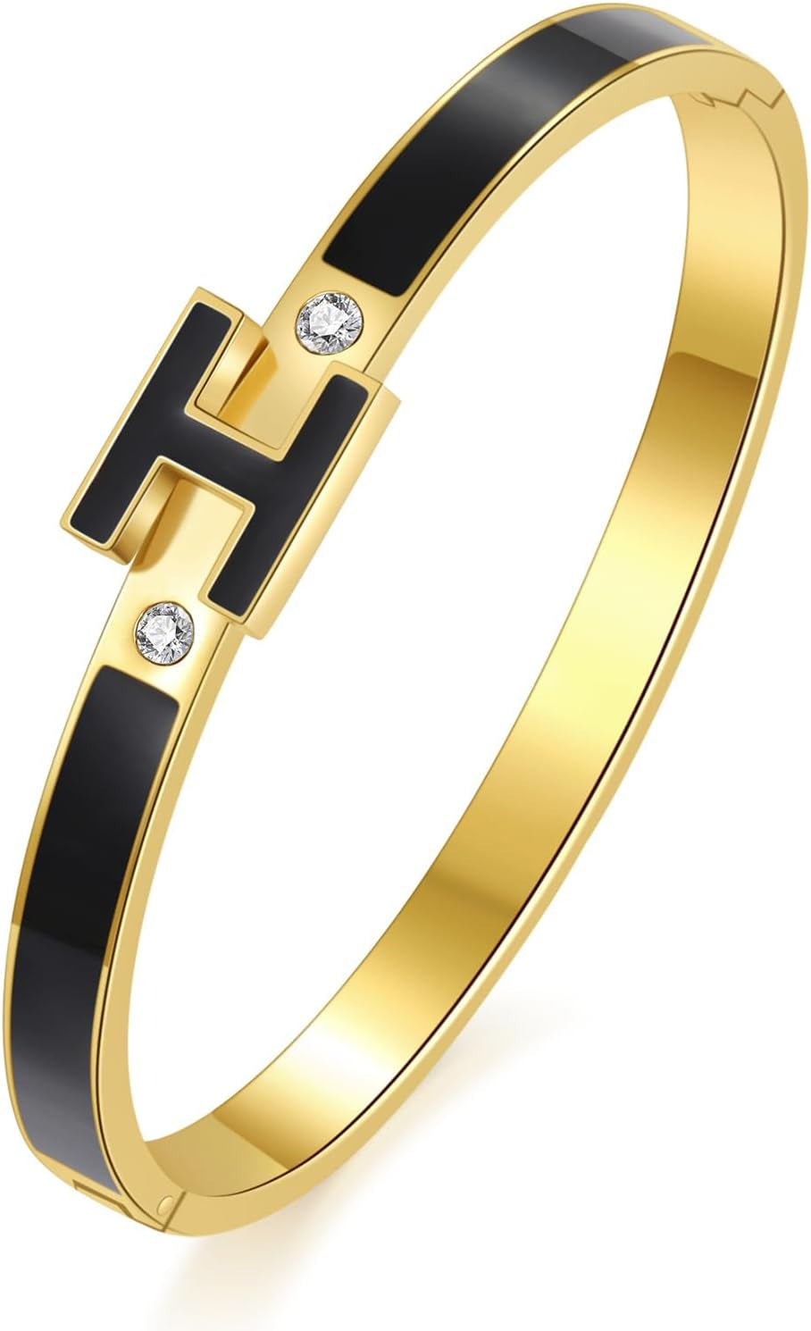 H Bracelet for Women - 18K Gold Plated Titanium Steel Cuff | Cubic Zirconia Bangle Jewelry Gift, Simple & Durable Everyday Wear (S/M/L Size)