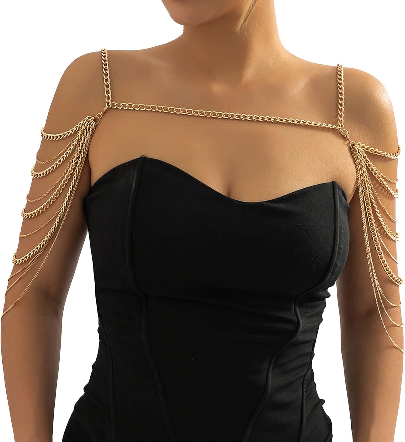 Summer Beach Punk Shoulder Body Chain Multi-Layered Back Chain Bikini Metal Tassel Arm Chain Statement Bridal Wedding Backdrop Necklace Body Chain Jewelry for Women