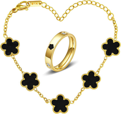 Gold Silver Butterfly Clover Bracelet Ring Set, Stainless Steel Cuff Bangle Jewelry Dainty Love Design for Women Wedding Birthday Gift