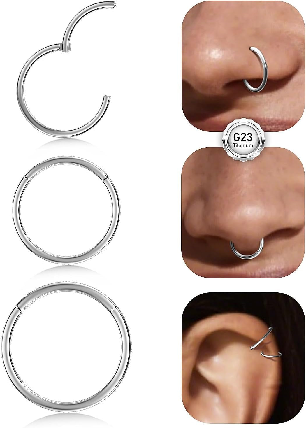 Opal Nose Ring Studs Horseshoe Nose Rings Hoops Stud 316L Stainless Steel Nose Rings round CZ Square Screw L Shaped Nose Stud Hypoallergenic Nostril Piercing Jewelry for Women Men