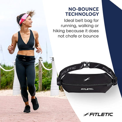 Woman wearing lightweight low-profile fanny pack during outdoor fitness