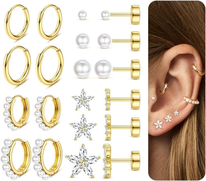 Jerywe Surgical Steel Flat Back Earrings Hypoallergenic 14K Gold Plated Cartilage Earrings for Women Trendy Small Hoop Stud Earring Stacks Flatback Stud Earring Set Helix Conch Tragus Piercing Jewelry