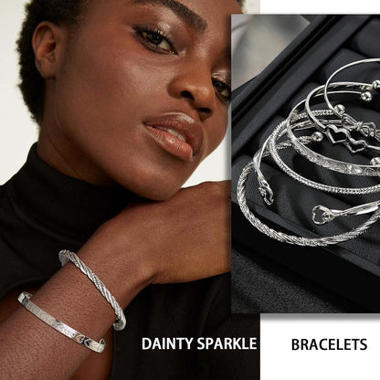 17IF Silver Bangle Bracelet for Women, 14K Multilayer Charm Textured Stackable Bracelets Lightning Bangles Indian Chunky Cuff Fashion Jewelry Gift