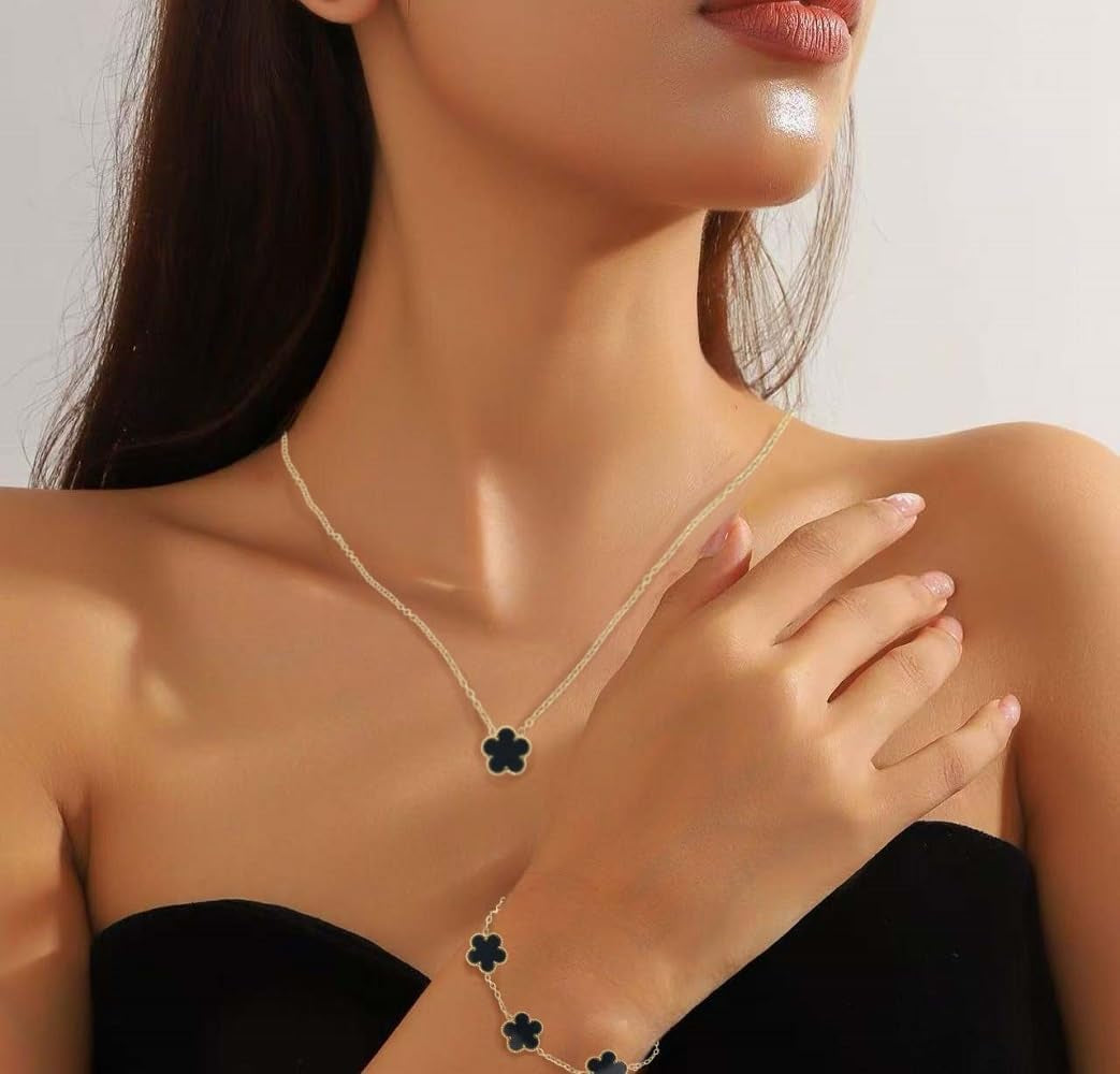 Clover Necklace and Bracelet Set for Women, 14K Gold Plated Green Clover Flower Pendant Chain, Adjustable Length, Elegant and Dainty, Perfect for Gifts, Parties, Dating, or Daily Wear.