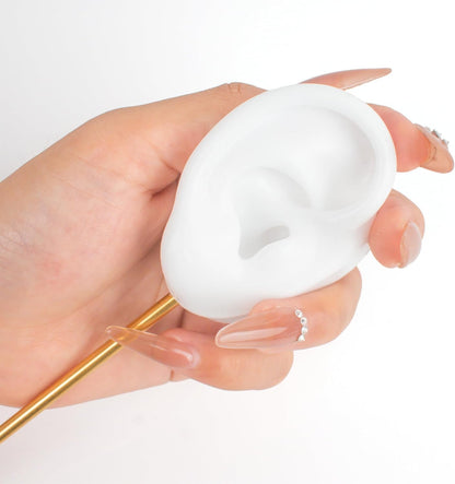 Ear Shaped Earring Display Stand, Piercing Stud Holder, Copper round Base Silicone Body Mannequin Model Organizer, Navel Jewelry Rack for Girl Women Shows Birthday Wedding Decor (Left&Right, White)