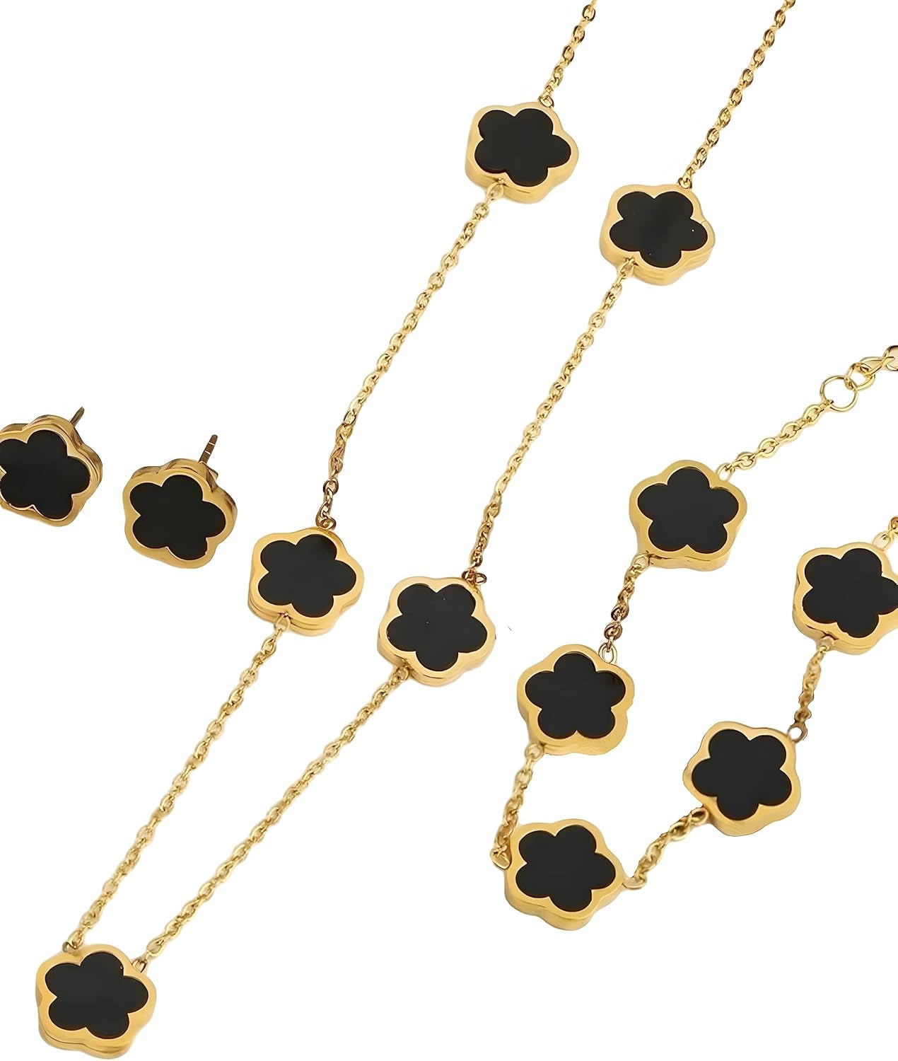 Lucky Clover 18K Gold Plated Clover Necklace Bracelet Earring for Women Fashion Cute Simple Jewelry Sets Hypoallergenic Women Jewelry Gifterhuan