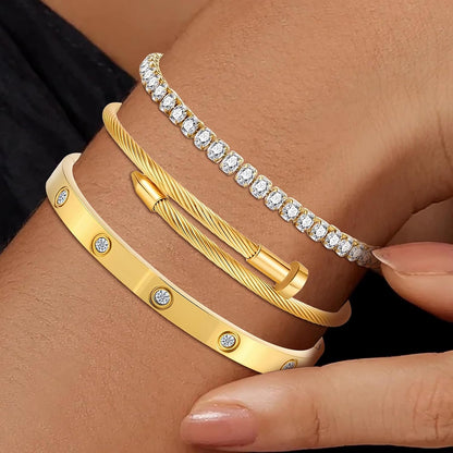 Gold Bracelets for Women- 18K Gold Plated Stainless Steel Love Bangle, Nail & Tennis Bracelets Stack Set for Women with Gift Box |Accessories Designer Jewelry
