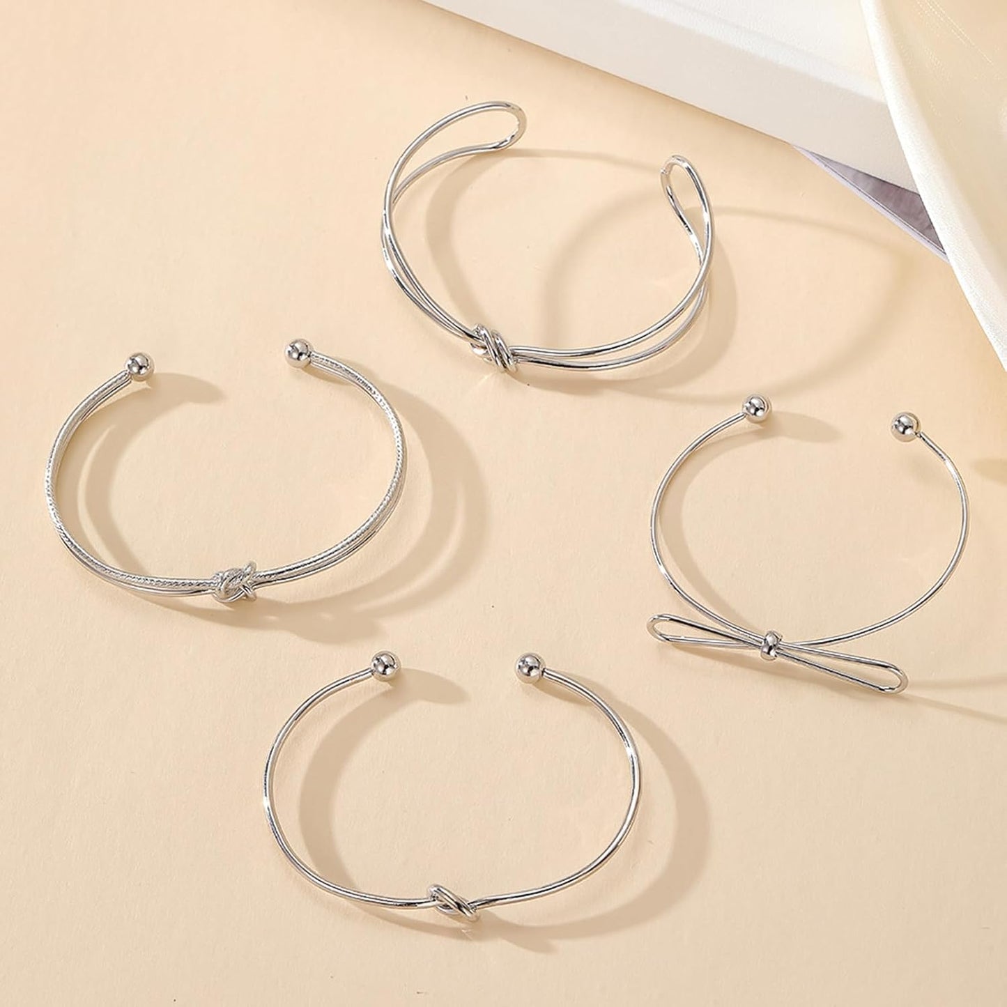Silver Knot Bangle Bracelets for Women Dainty Knot Cuff Bangle Bracelet Set Adjustable Open Love Knot Bracelet Non Tarnish Waterproof Jewelry