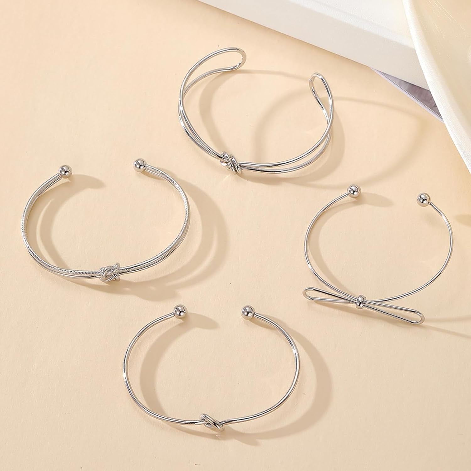 Silver Knot Bangle Bracelets for Women Dainty Knot Cuff Bangle Bracelet Set Adjustable Open Love Knot Bracelet Non Tarnish Waterproof Jewelry