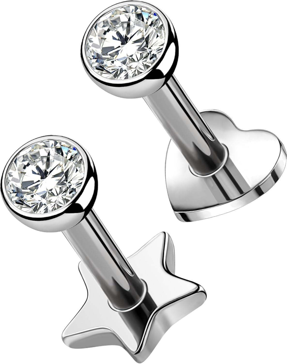 OUFER 2Pcs 20G/18G/16G G23 Titanium Threadless Nose Stud Earrings Flat Back Tiny CZ Small Nose Helix Cartilage Tragus Conch Labret Medusa Monroe Piercing Jewelry for Women Men