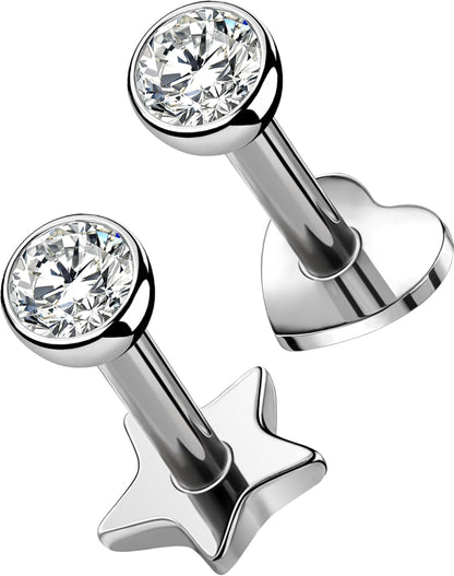 OUFER 2Pcs 20G/18G/16G G23 Titanium Threadless Nose Stud Earrings Flat Back Tiny CZ Small Nose Helix Cartilage Tragus Conch Labret Medusa Monroe Piercing Jewelry for Women Men