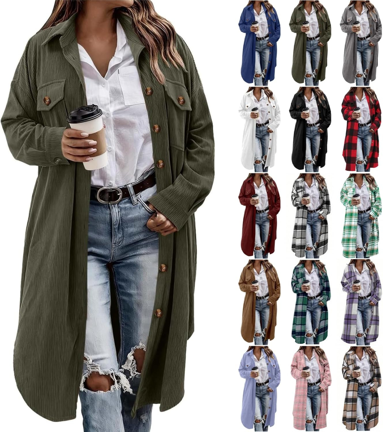 Casual flannel button-down shirt jacket for winter wear