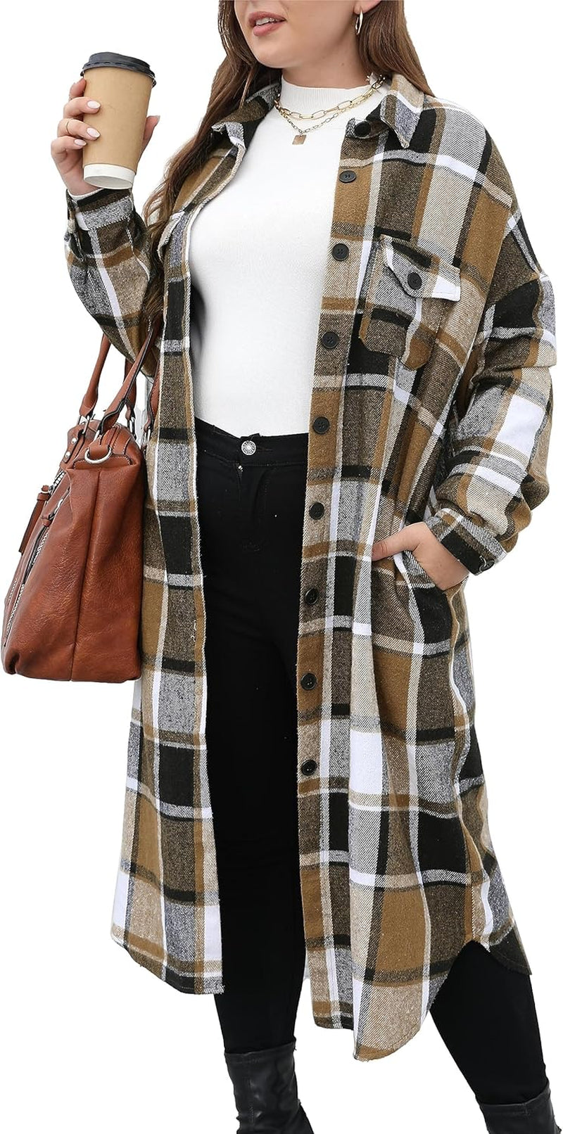 Tartan pattern flannel shacket for curvy women in navy and red