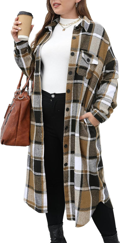 Tartan pattern flannel shacket for curvy women in navy and red