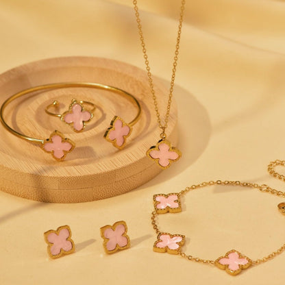 6Pcs/Set Lucky Clover Earring Necklace Bracelet Ring Set for Women Gold Plated Four-Leaf Pendent Link Chain Necklace Fashion Jewelry Set Valentine'S Day Gift