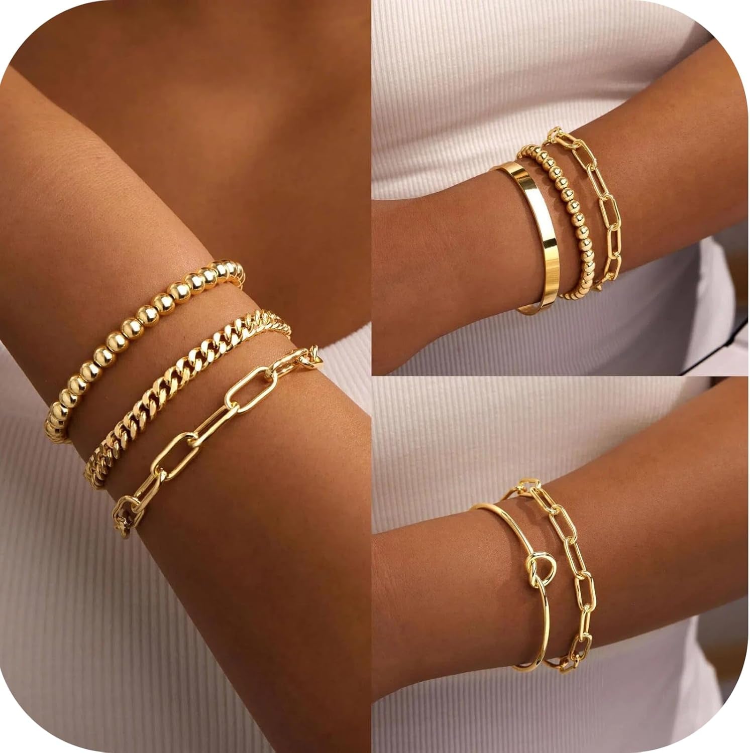5-Piece Gold Bracelet Stack Set for Women, Metallic Luster Fashion Jewelry Collection with Hand Chain, Stackable Bangles, Love Bracelet - Women'S Gold Jewelry Set