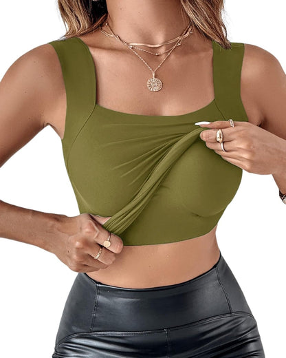 CHICME Womens U Neck Shapewear Built-In Bra Tank High Strechy Sleeveless Slim Fit Tops Camisole Workout Tops