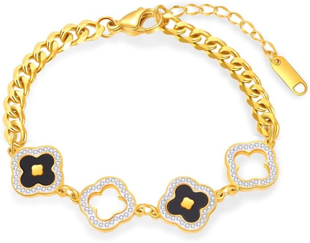 Four Leaf Clover Bracelets for Women, 18K Gold Plated Clover Jewelry Set-Tone with Green Enamel Clover Charms, Crystal Accents, Elegant Gift for Women Packed in a Packaging Box (Black)