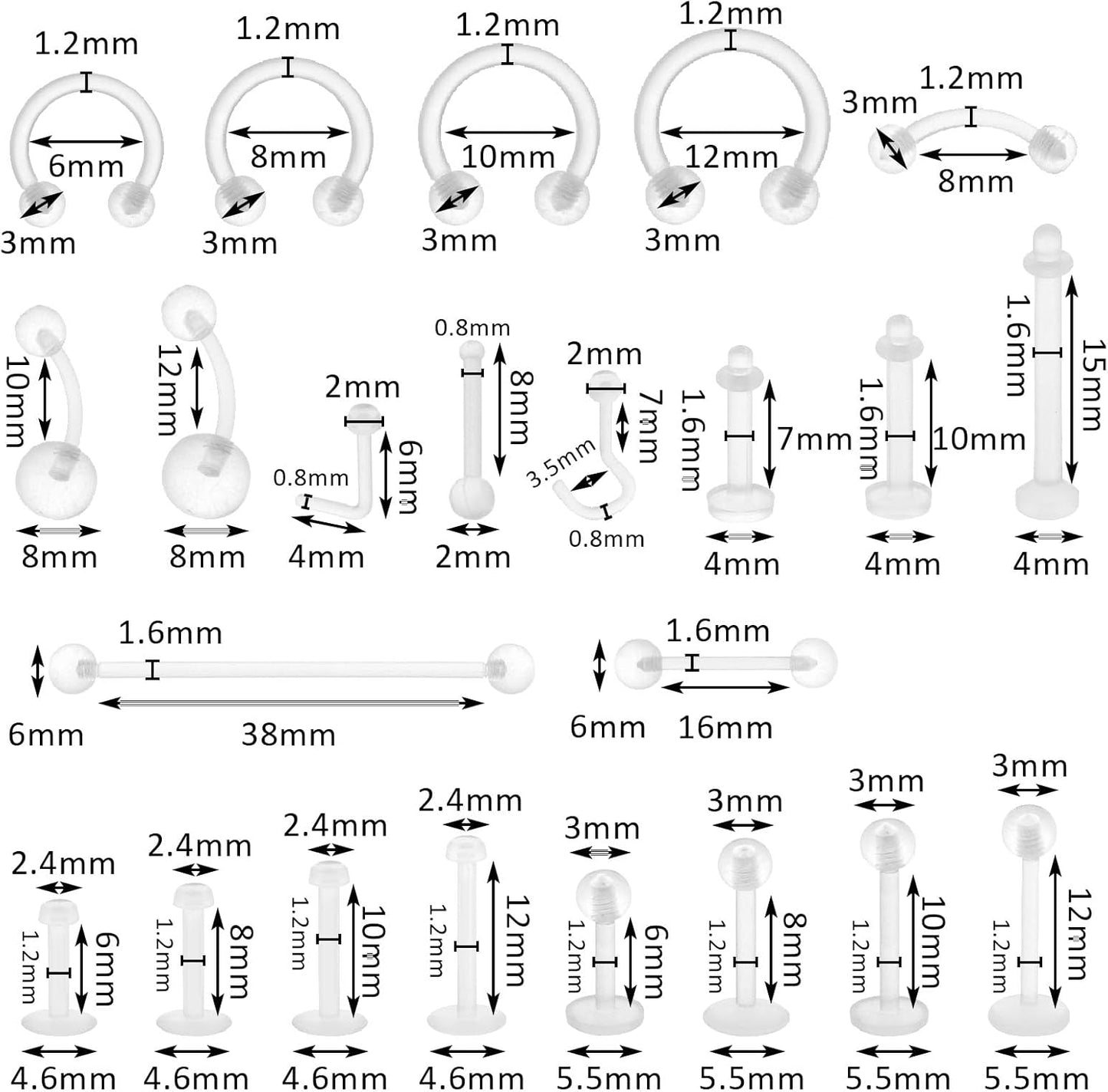 Lusofie 43Pcs Clear Piercing Retainer Set Acrylic Septum Ring Nose Studs Rings Cartilage Navel Tongue Barbells Lip Eyebrow Tragus Earring Clear Piercing Jewelry for Work Surgery