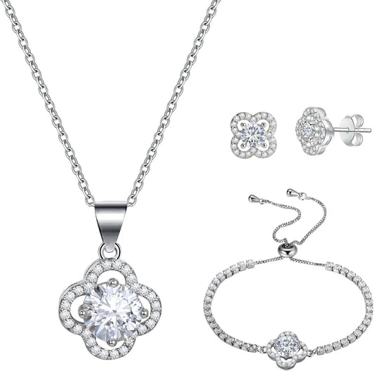 Emibele Lucky Clover Bracelet Necklace Earrings Jewelry Set for Women, Classic 4-Leaf White Gold Plated Bracelet Cubic Zirconia Studs Earrings Good Luck Pendant Necklace Mother’S Day Jewelry Gifts