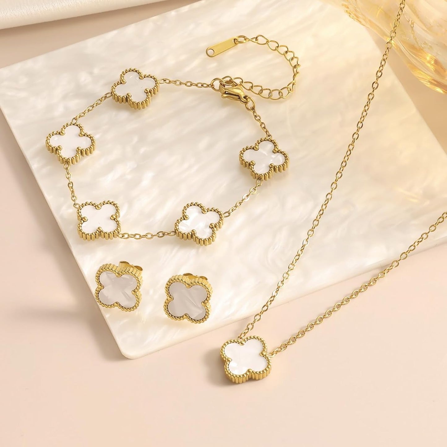 White Clover Jewelry Set for Women 18K Gold Plated Lucky Four Leaf Clover Necklace, Floral Link Chain Bracelet Elegant Earrings Romantic Charm Gift Set for Mom, Wife, Daughter, Girlfriend, Her
