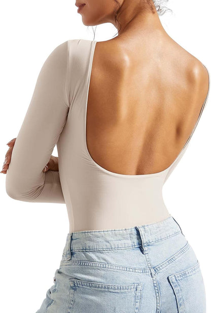 SUUKSESS Women Backless Y2K Long Sleeve Bodysuit Double Lined Open Back Sexy Basic Top