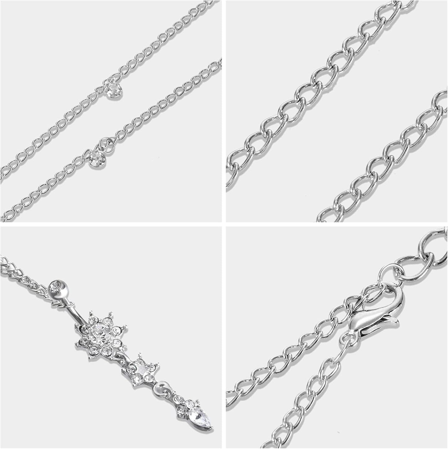 Hicarer 3 Pieces Crystal Belly Ring with Chain Rhinestone Waist Body Chain Bikini Belly Jewelry Beach Accessories Jewelry for Women Adults