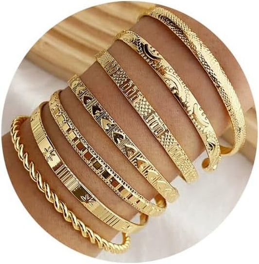 Golden Bangle Bracelets Set for Women, 14K Gold-Plated Multi Layer Stackable Cuff Bracelets, Personalized Boho Non Tarnish Adjustable Bangle Jewelry Gift for Her