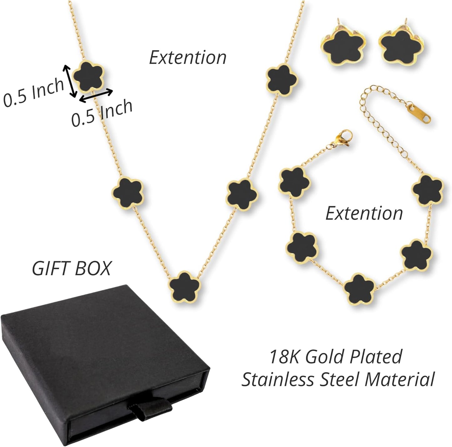 Five Leaf Clover Jewelry Set for Women |18K Gold Plated Bracelet Necklace Earrings | 5 Leaf Lucky Choker and Ear Studs for Mother and Daughter