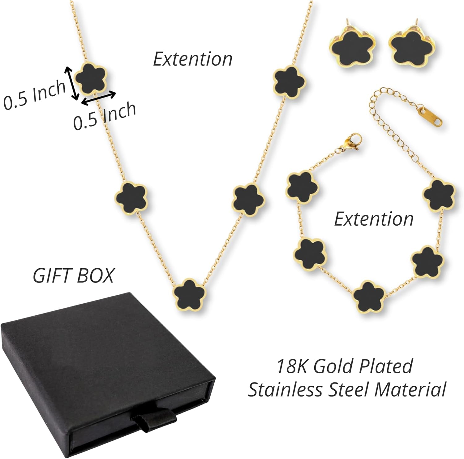 Five Leaf Clover Jewelry Set for Women |18K Gold Plated Bracelet Necklace Earrings | 5 Leaf Lucky Choker and Ear Studs for Mother and Daughter