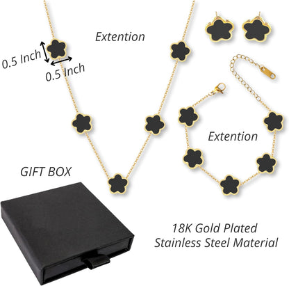 Five Leaf Clover Jewelry Set for Women |18K Gold Plated Bracelet Necklace Earrings | 5 Leaf Lucky Choker and Ear Studs for Mother and Daughter