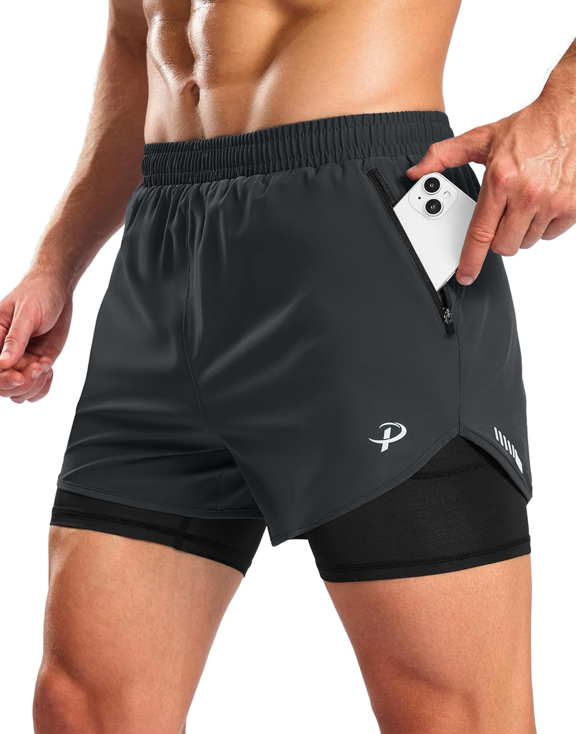 Pudolla Men'S 2 in 1 Workout Running Shorts 5" with Zipper Phone Pockets Quick Dry Gym Athletic Shorts with Compression Liner