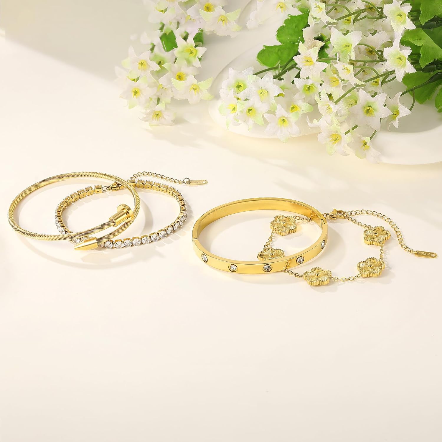 Real 18K Gold Plated Bracelets for Women (Sturdier Version) Stackable Bangle Bracelets for Women (Better Tarnish & Water Resistance) 4PCS Gold Bracelet Stack Set (Fits Wrists Upto 6.7 Inch)